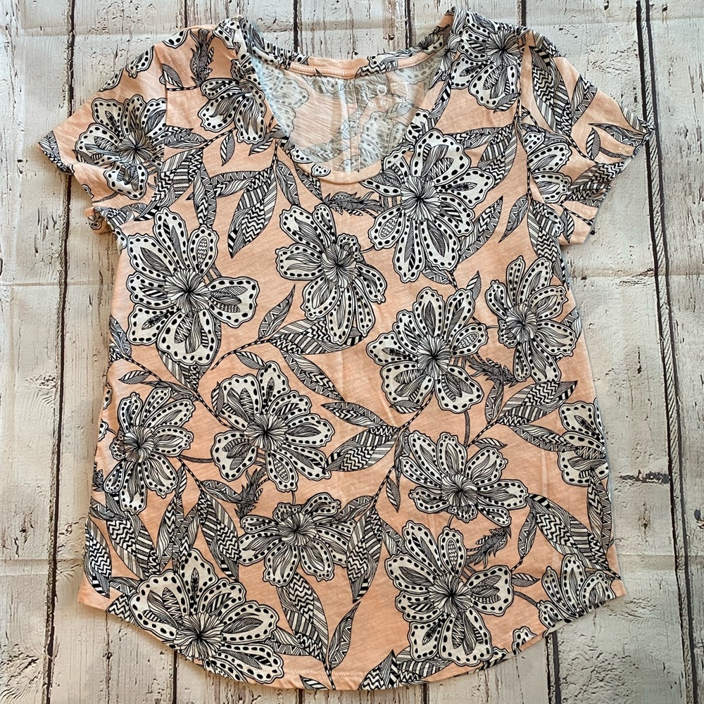 LOFT Pink Black Floral Print Cotton Tee XS